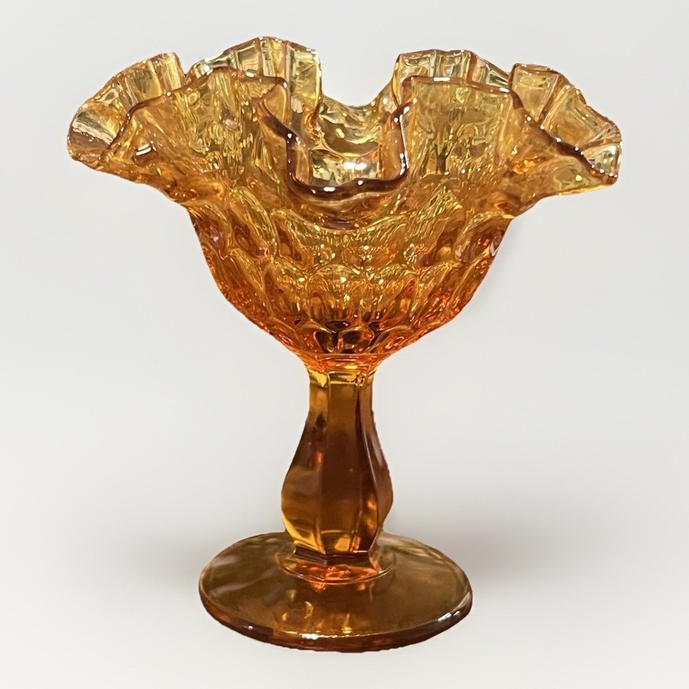 Fenton Amber Glass Pedestal Compote Ruffled Edge Honeycomb Pattern Vintage Retro